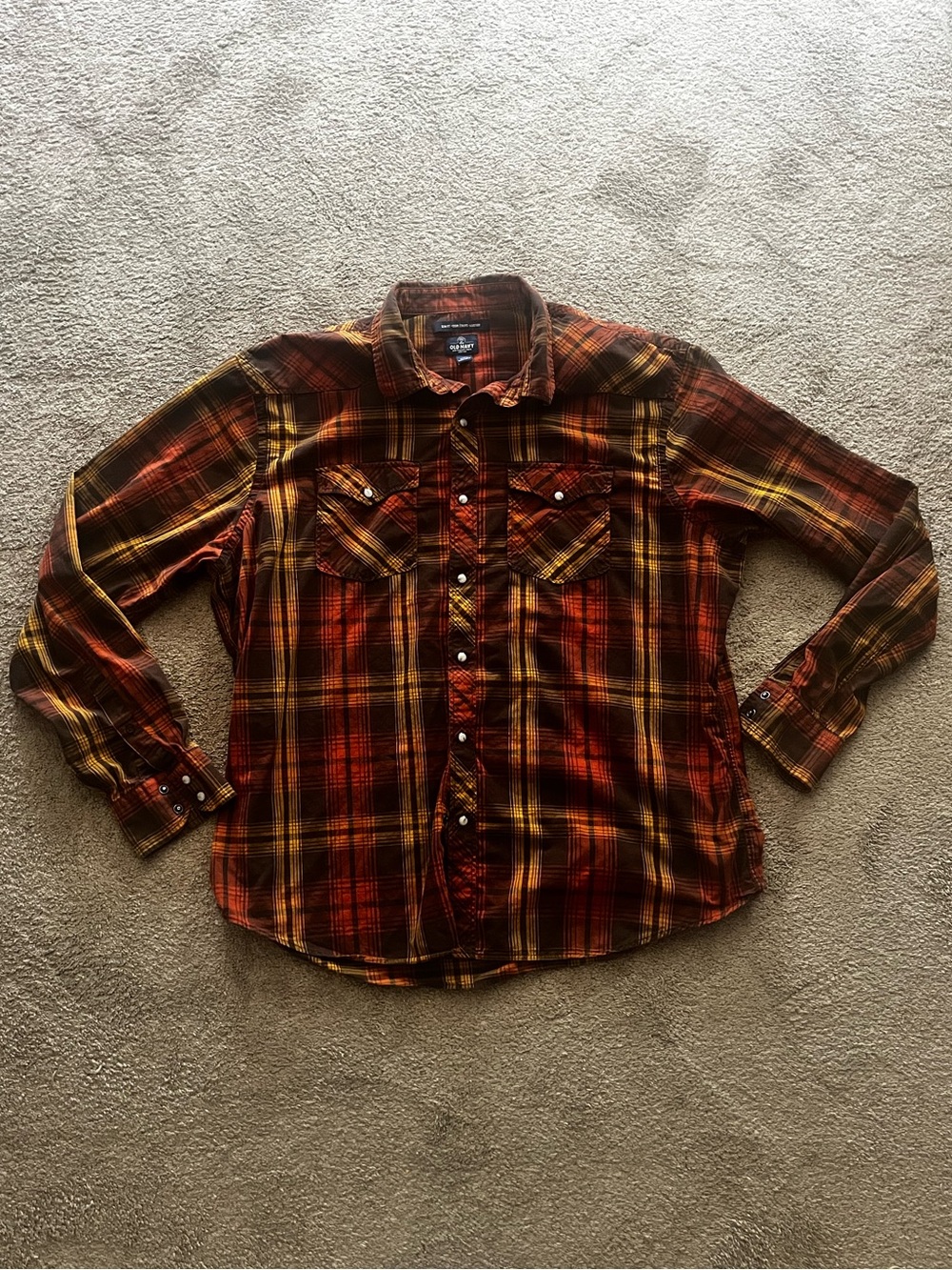 Old Navy Orange, Red and Yellow Plaid Button-Down Shirt. Western style.